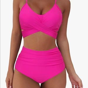 Hot pink 2 piece swim suit high waisted bottoms